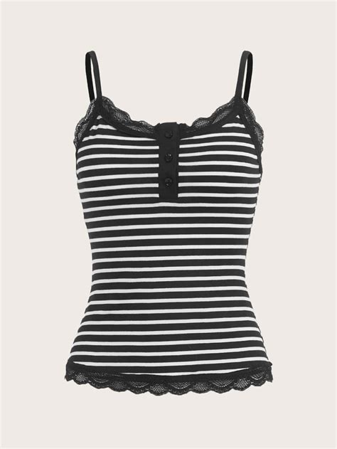 Romwe Stpl Striped Contrast Lace Button Front Cami