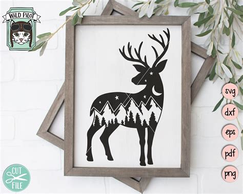 Deer SVG, Deer Silhouette SVG, Deer Mountain Scene, Forest Trees ...