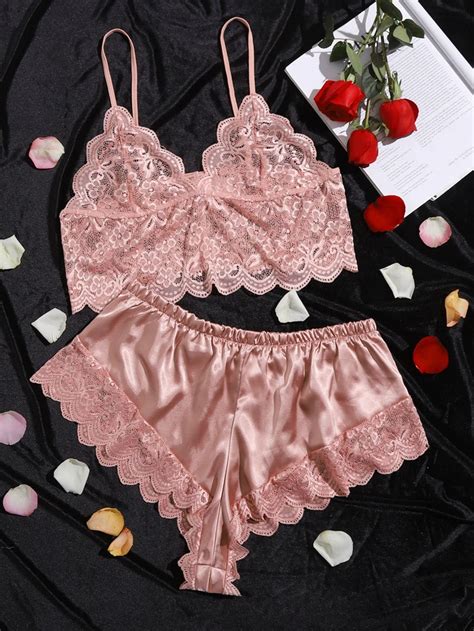 Plus Floral Lace Bralette With Satin Shorts Shein Usa Wishupon