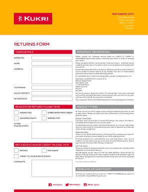 Fillable Online RETURNS FORM Kukri Sports Fax Email Print PdfFiller