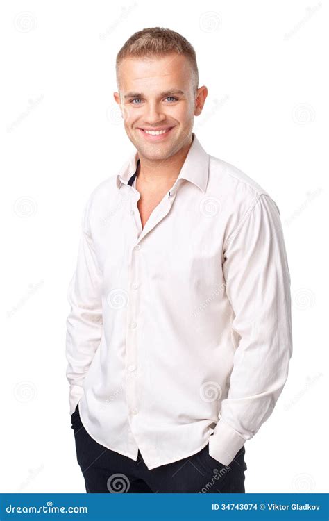 Smiling Young Man Wearing A White Shirt Isolated On White Backgr Stock