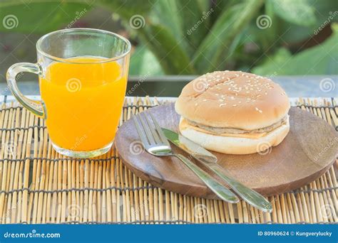 Pork Cheese Burger With Orange Juice Stock Photo Image Of Fried