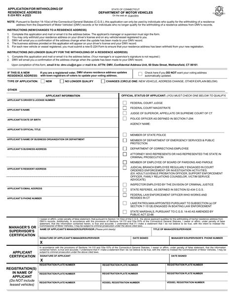 Ct Dmv Form E224 Application For Withholding Resident Address Forms