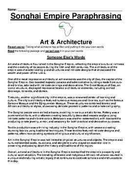 Songhai Empire: Art & Architecture Paraphrasing Worksheet by Academic Links