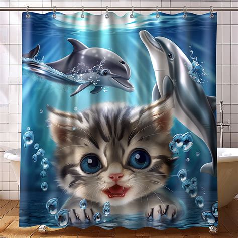 Whimsical Underwater Adventure Cat Shower Curtain Playful Kitten