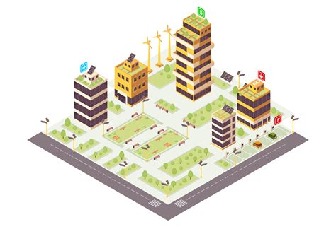 Eco City Isometric Color Vector Illustration Eco Friendly Buildings