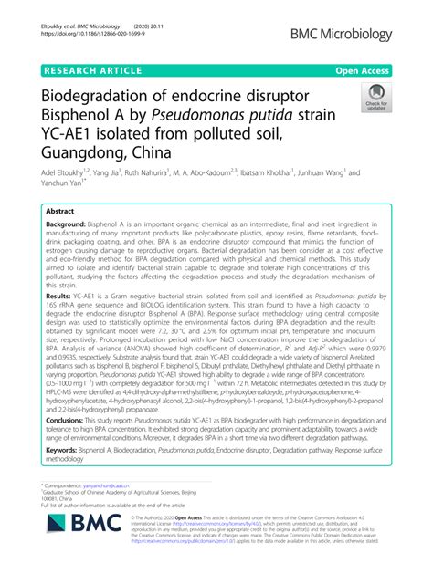 Pdf Biodegradation Of Endocrine Disruptor Bisphenol A By Pseudomonas