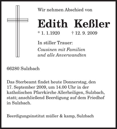 Traueranzeigen von Edith Keßler Saarbruecker Zeitung Trauer de