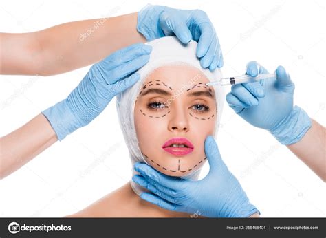 Cropped View Plastic Surgeons Blue Latex Gloves Syringe Face Woman