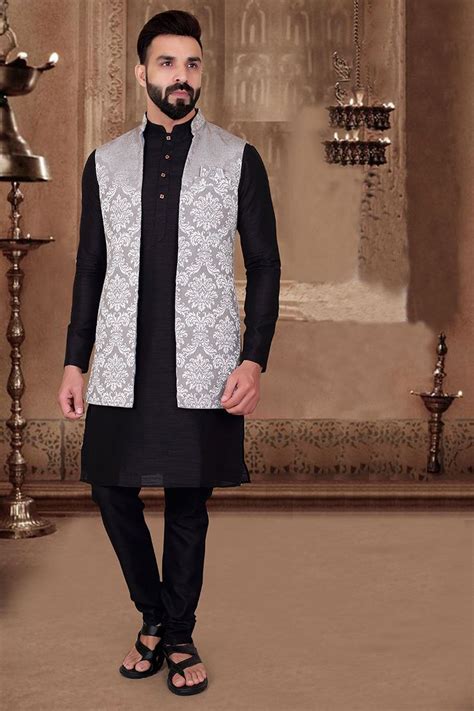 Exquisite Black Colored Designer Kurta Pajama With Jacket