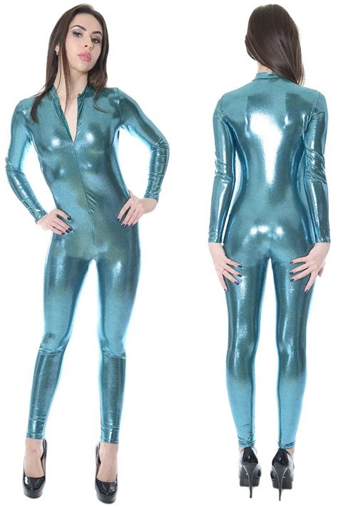 Lago Azul Brillante Lycra Metálico Mujer Traje Traje Frente Cremallera