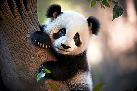 Premium Photo | Funny cute panda bear with cubs pressed against trunk ...