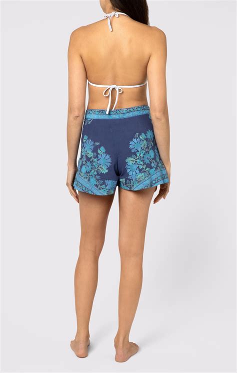 High Waist Shorts In Indigo With Rose Border → Juliet Dunn London