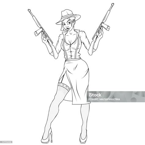 Vetores De Gângster Feminino Ilustração Vetorial De Um Esboço De Uma Mulher Com Uma Arma Menina