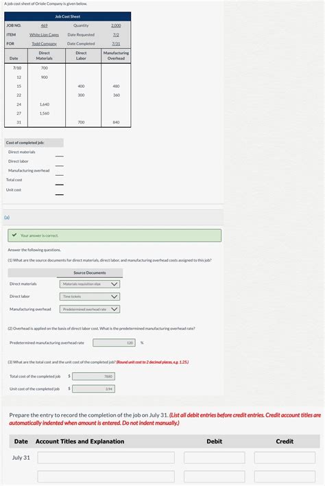 Solved A Job Cost Sheet Of Oriole Company Is Given Chegg