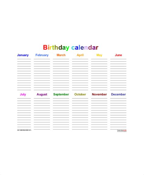 Office Birthday Calendar Template