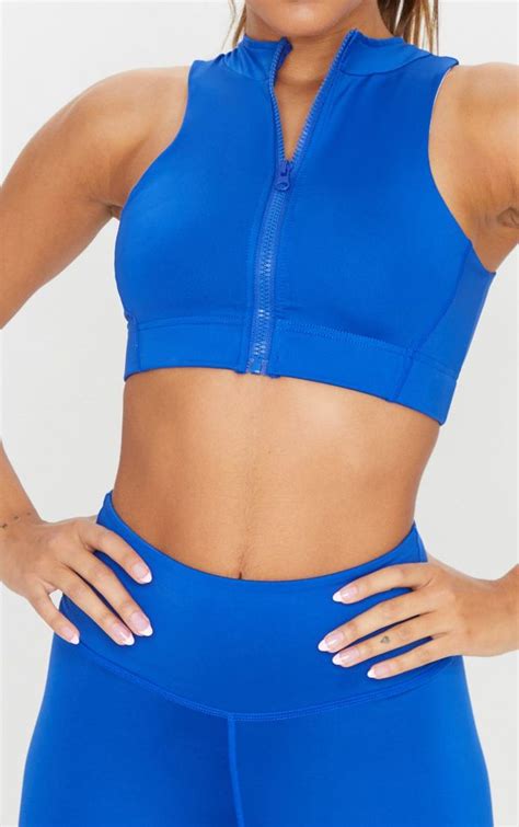 Blue Racer Back Zip Gym Crop Top In 2020 Gym Crop Top Crop Tops