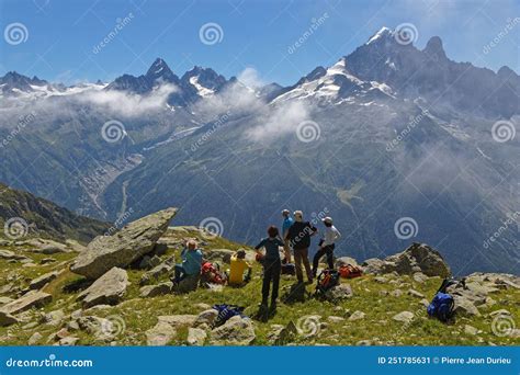 Hikers Admire Mountains Around Mont Blanc Editorial Photo Image Of