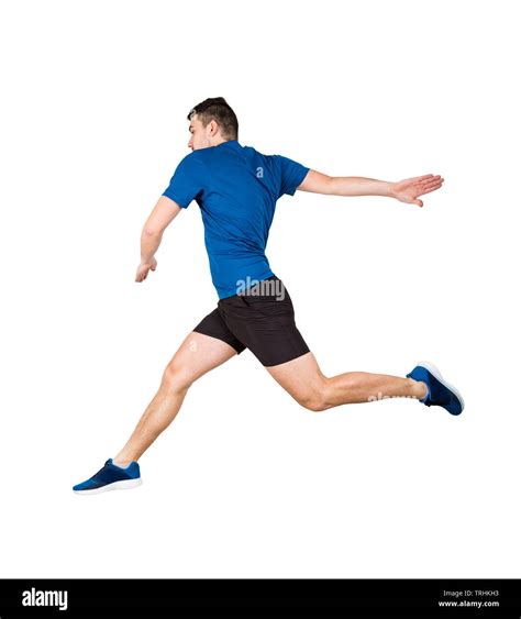 Side Vie Full Length Of Determined Caucasian Man Athlete Jumping Over