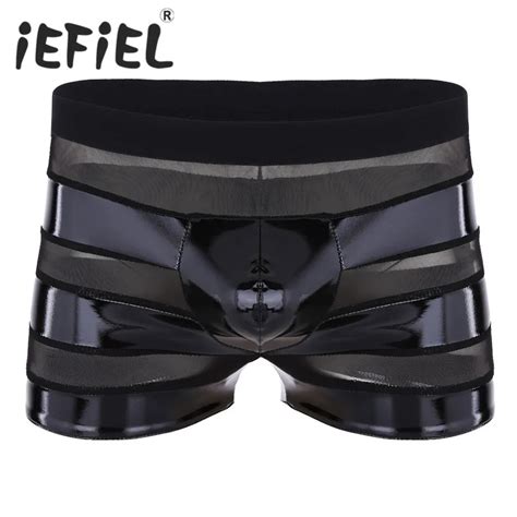 Iefiel Mens Male Lingerie Wetlook Faux Leather Mesh Patchwork Stripe