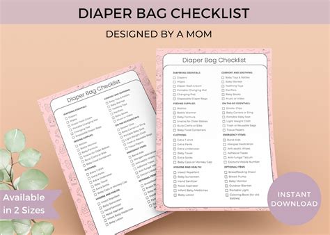 Printable Diaper Bag Checklist Digital Diaper Bag Checklist For New