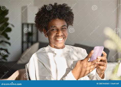 Happy Gen Z African American Teen Using Mobile Phone at Home, Portrait. Stock Photo - Image of ...