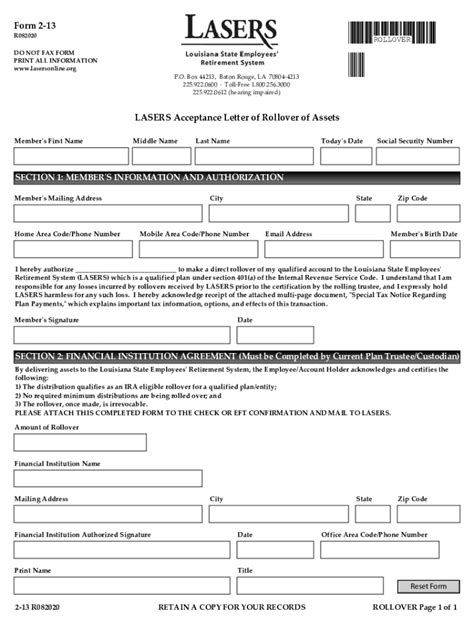 Fillable Online Lasers Acceptance Letter Of Rollover Of Assets