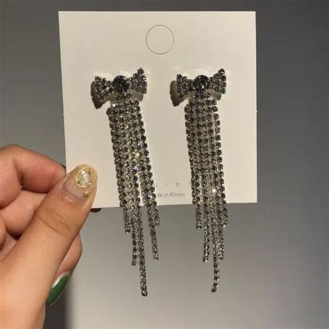 Flatfoosie New Silver Color Rhinestone Crystal Long Tassel Earrings For