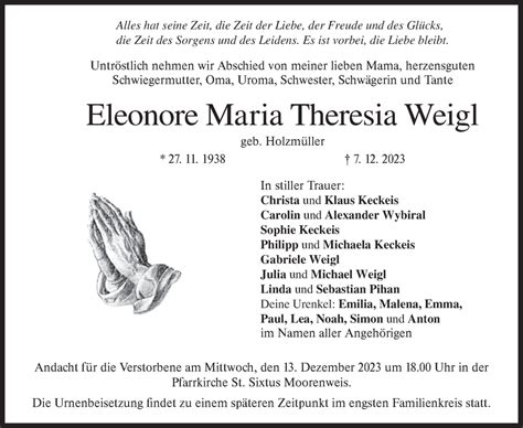 Traueranzeigen Von Eleonore Maria Theresia Weigl Trauer Merkur De