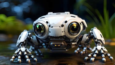 Futuristic Robotic Frog With Curious Expression Crawling On Wet Surface