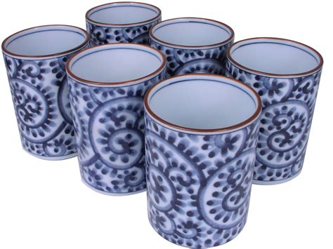 Porcelain Blue And White Karakusa Japanese Tea Cup Set Of Six