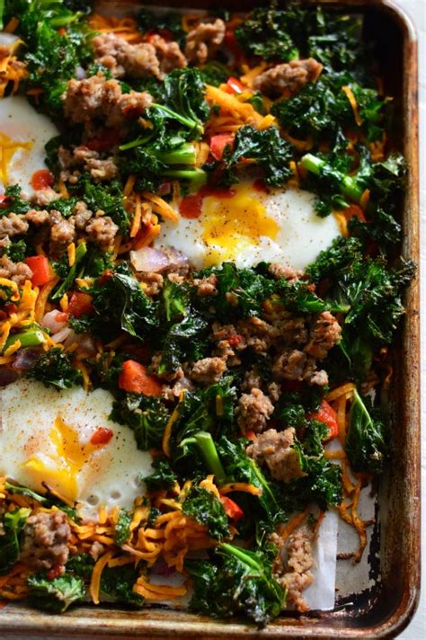 Sweet Potato Kale And Sausage Breakfast Sheet Pan Bake Dana Monsees