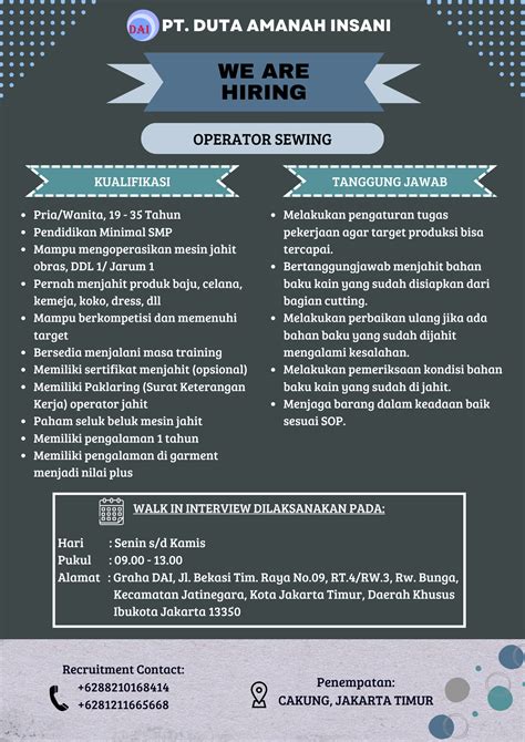 Lowongan Kerja Operator Sewing PT Duta Amanah Insani Indonesia