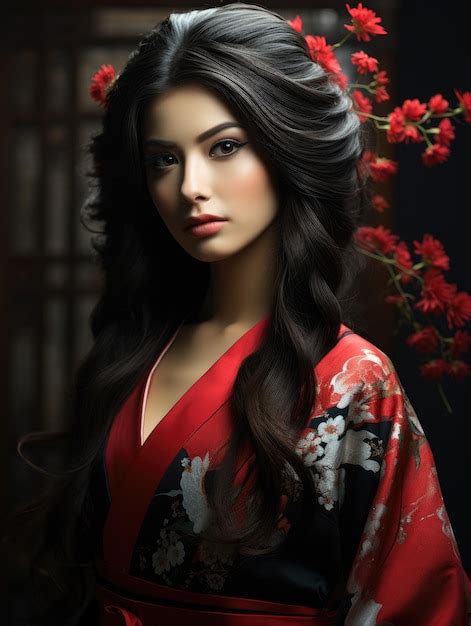 Premium Ai Image Beautiful Japanese Woman Long Black Hair Wearing Kimono