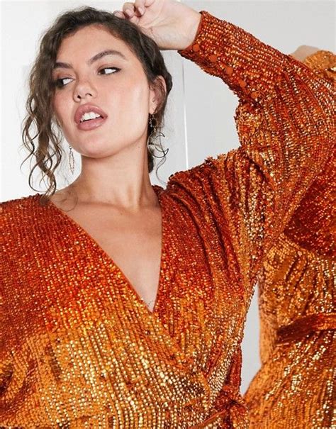 ASOS EDITION Curve Sequin Wrap Midi Dress In Rust ASOS Wrap Midi