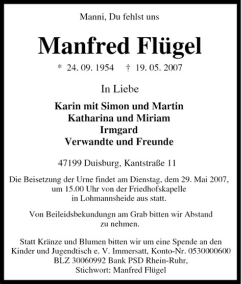 Traueranzeigen von Manfred Flügel Trauer in NRW de