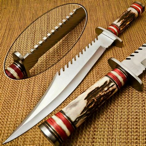 D Steel Blade Hunting Bowie Knife Crown Stag Antler Handle Custom