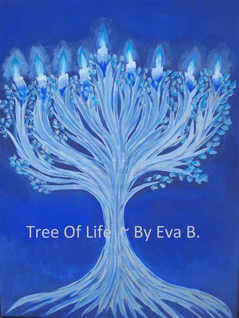 Blue Menorah Tree Of Life Painting For Hanukkah On 24 X 18 Inch