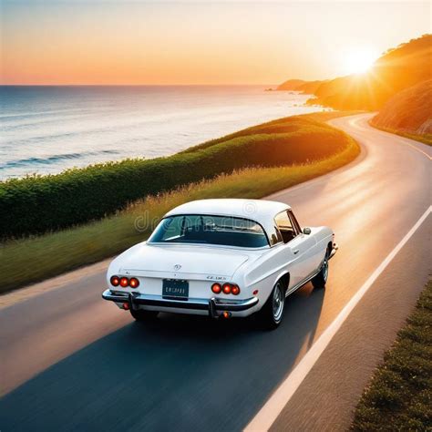 Un Coche Blanco Se Adentra En La Puesta De Sol A Lo Largo Del Camino