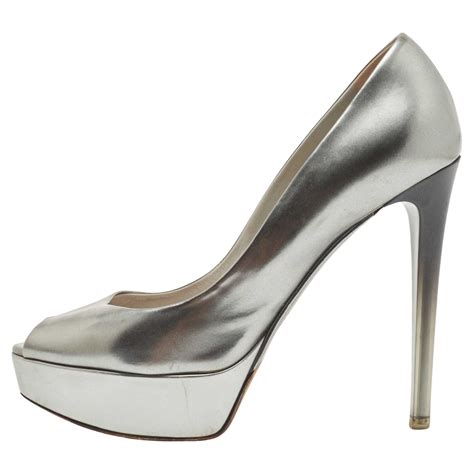 Prada Metallic Silver Leather Platform Block Heel Ankle Strap Sandals