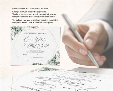 Greenery Wedding Certificate Template Editable Printable Wedding