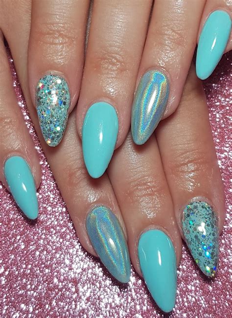 Aqua Blue Sculpted Nails With Holographic Powder And Glitter Aqua