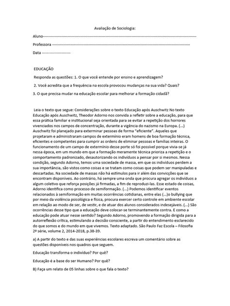 Avaliação De Sociologia 2 Ano Pdf Theodor W Adorno Sociologia