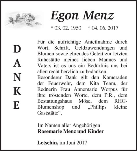 Traueranzeigen Von Egon Menz M Rkische Onlinezeitung Trauerportal