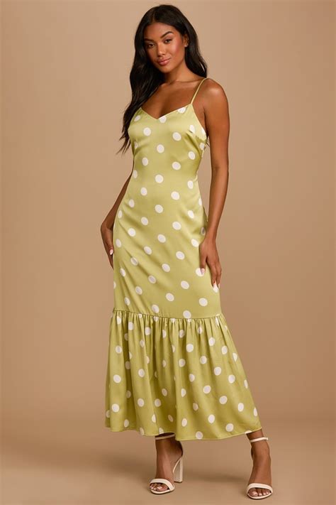 Green Polka Dot Maxi Dress Satin Maxi Dress V Neck Maxi Dress Lulus