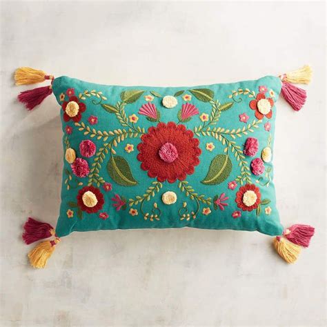 Pier Imports Embroidered Fiesta Floral Teal Lumbar Pillow With