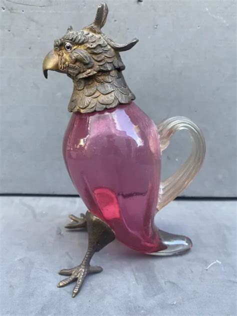 ANCIENNE AIGUIERE CARAFE En Verre Et Bronze Perroquet Yeux Verre Art