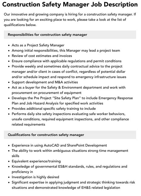 Construction Safety Manager Job Description Velvet Jobs