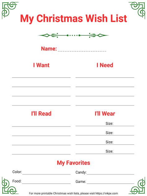 Free Printable Fancy Corner Christmas Wish List Template Inkpx