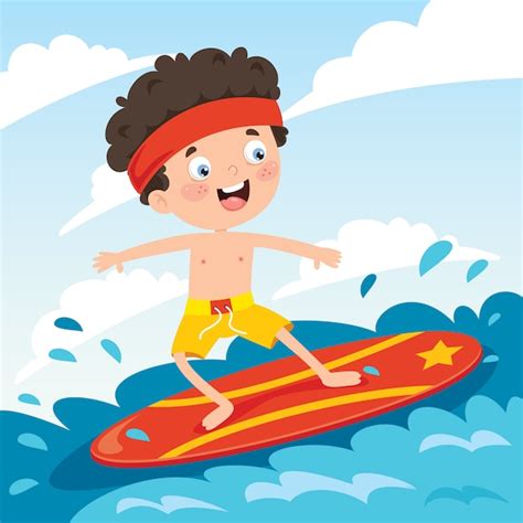 Premium Vector Happy Cartoon Character Surfing At Sea